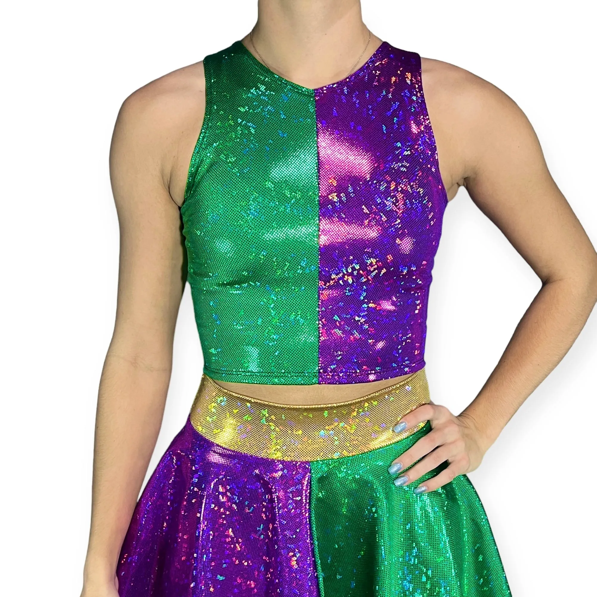 High Neck Crop Tank Top - Mardi Gras Purple & Green