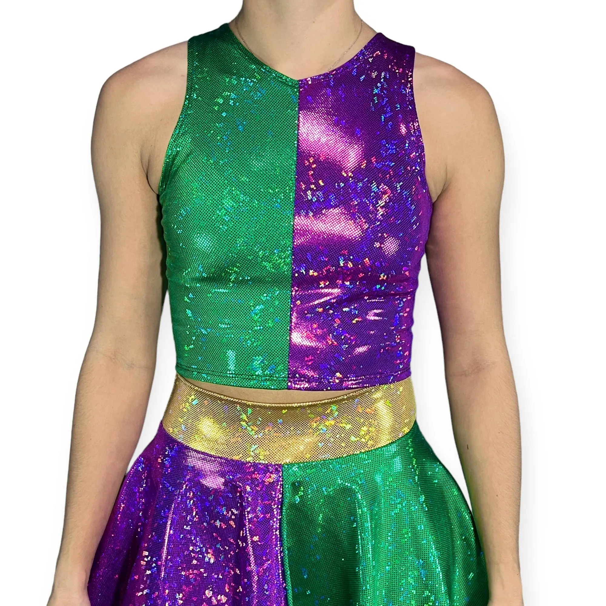 High Neck Crop Tank Top - Mardi Gras Purple & Green