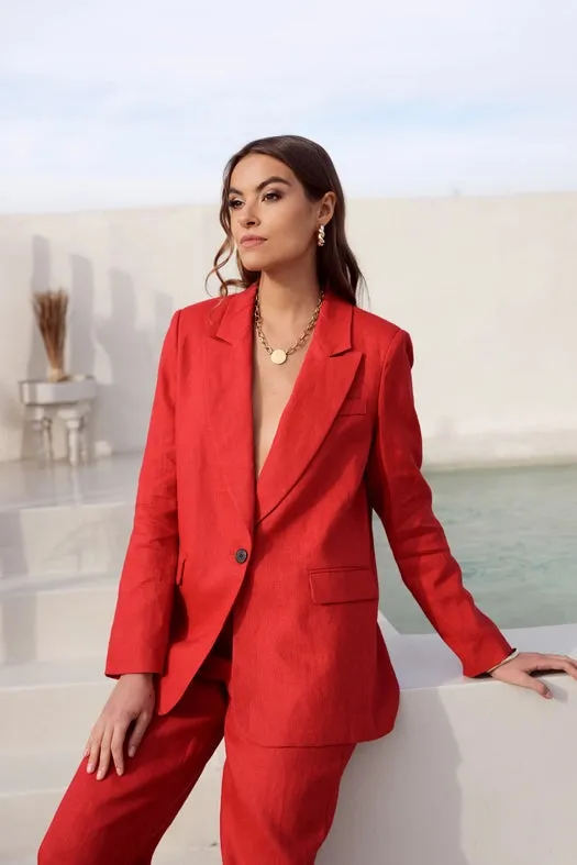 High Quality Linen Straight Cut Plain Blazer Jacket Red