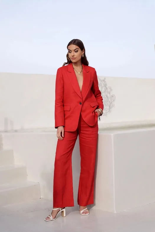 High Quality Linen Straight Cut Plain Blazer Jacket Red