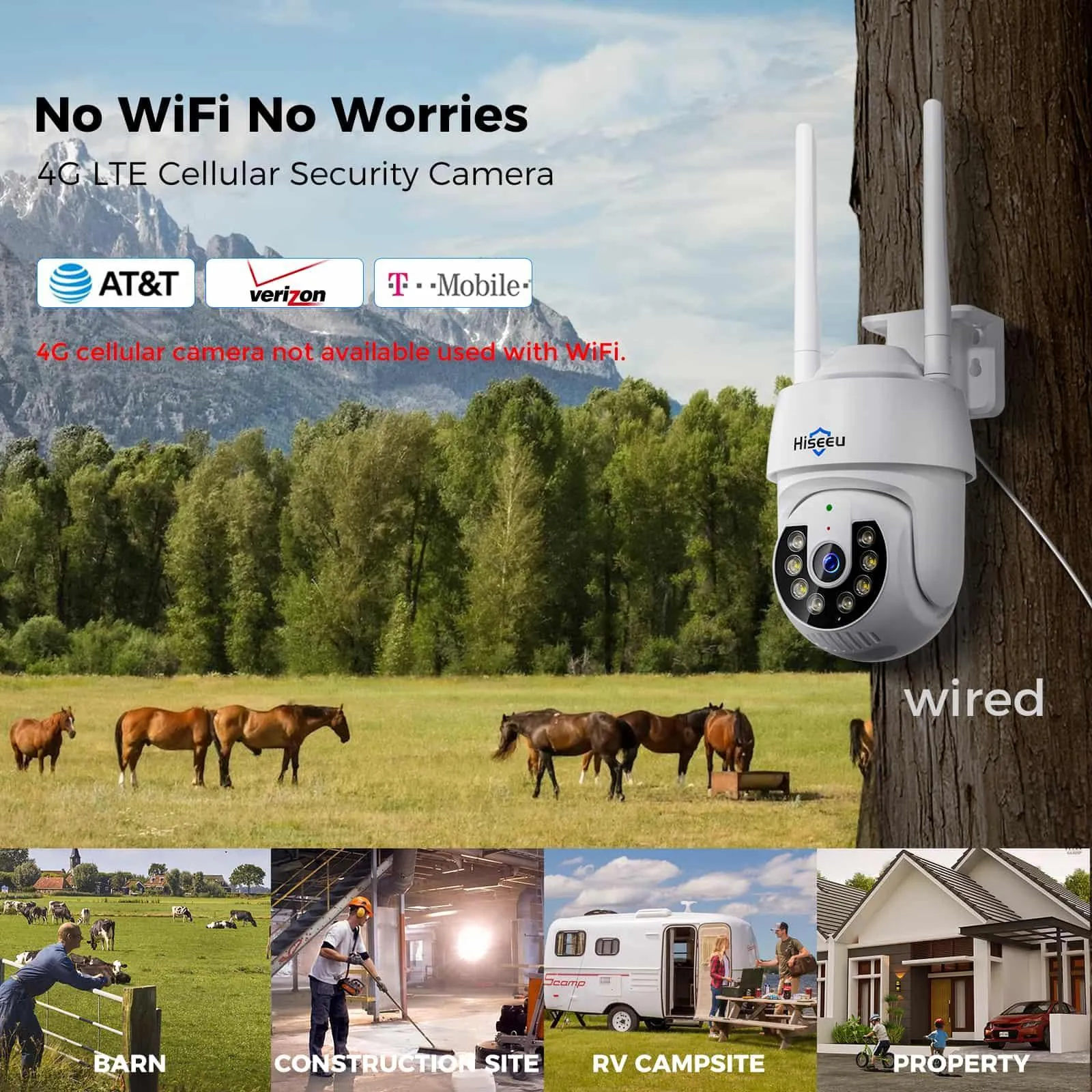 Hiseeu No WiFi Security Camera Wired, 4G Cellular Security Cameras Work Without WiFi, 2K Color Night Vision, 2-Way Talk, 64G SD Card & 300MB Trial Data SIM Card Included