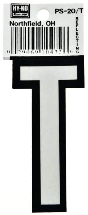 Hy-Ko PS-20/T Reflective Letter, Character: T, 3-1/4 in H Character, Black/White Character, Vinyl :CD: QUANTITY: 10