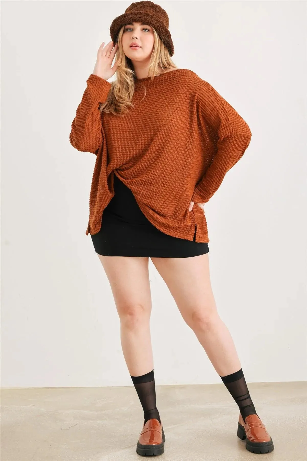 Junior Plus Camel Waffle Knit Long Sleeve Relax Top /3-2-1