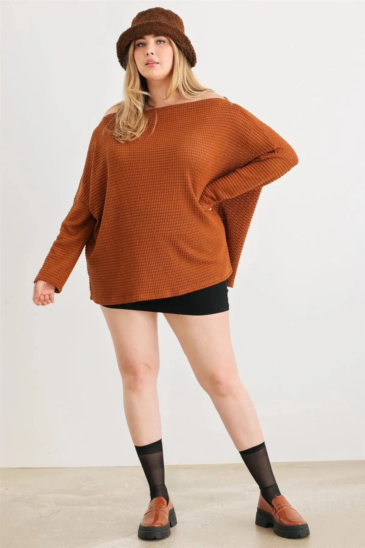 Junior Plus Camel Waffle Knit Long Sleeve Relax Top /3-2-1