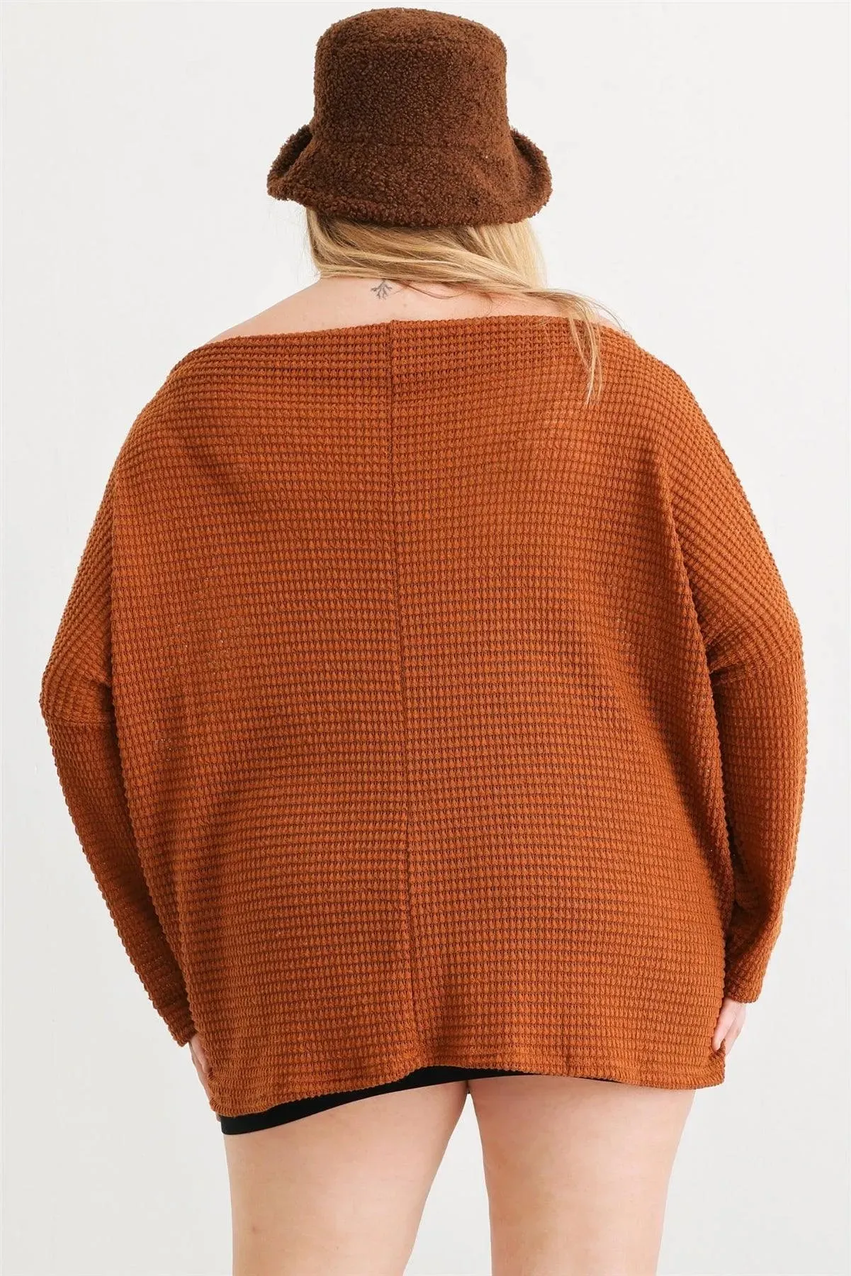 Junior Plus Camel Waffle Knit Long Sleeve Relax Top /3-2-1