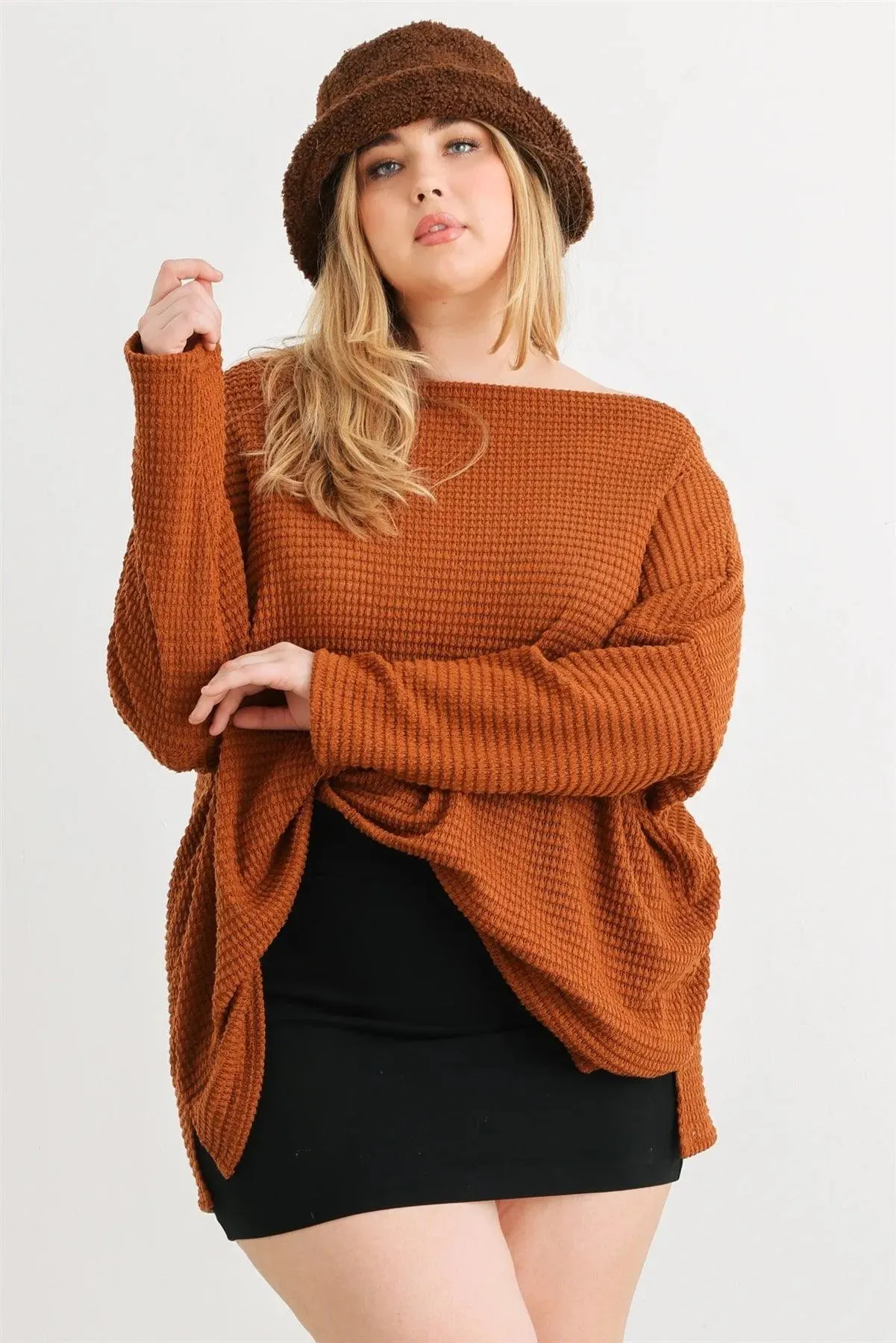 Junior Plus Camel Waffle Knit Long Sleeve Relax Top /3-2-1