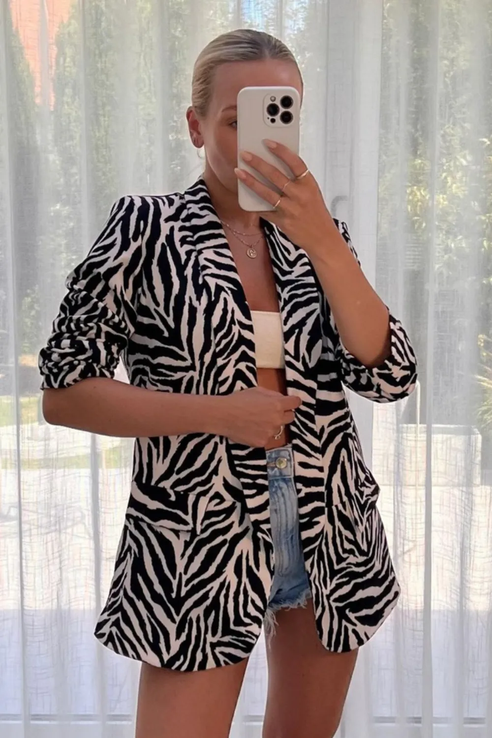 Kiaya Black & white zebra print ruched sleeve blazer