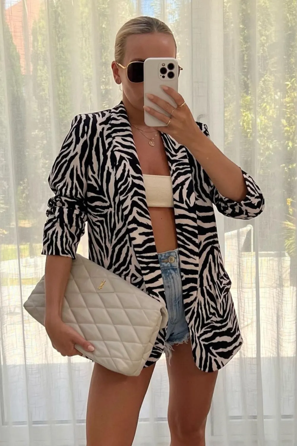 Kiaya Black & white zebra print ruched sleeve blazer