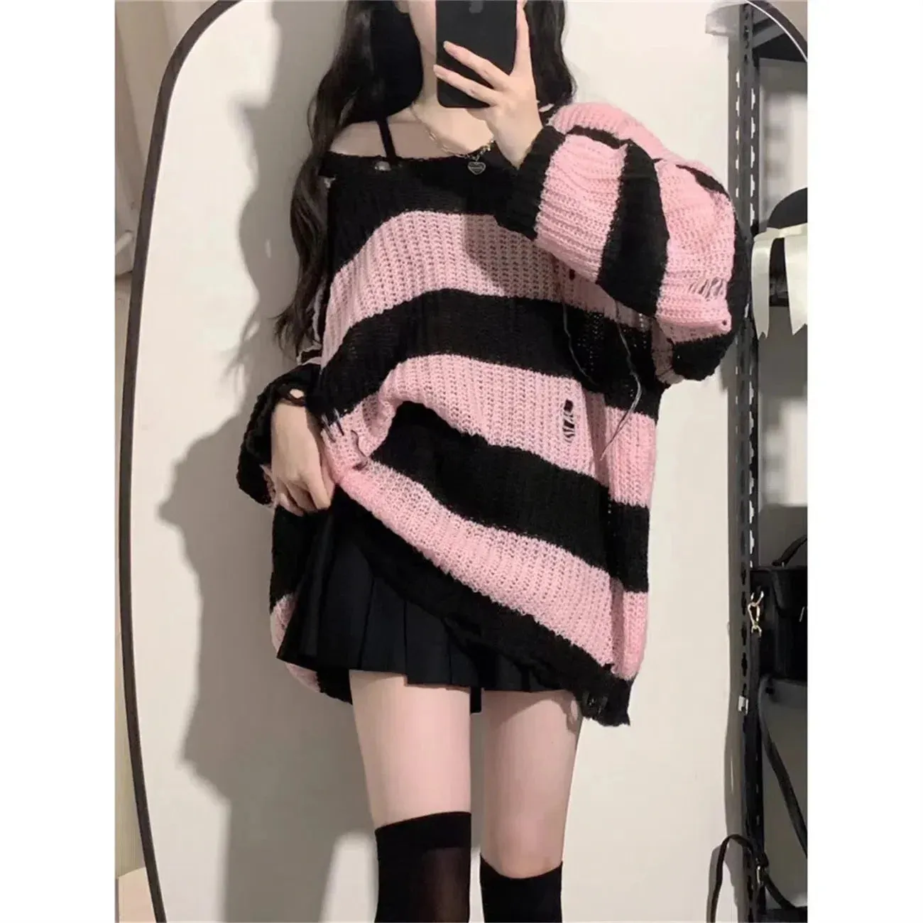 Knitted & Striped Oversized Pullover With Holes