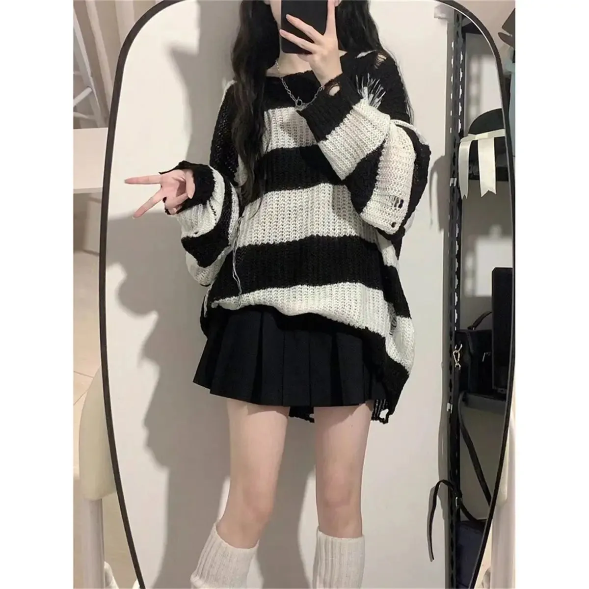 Knitted & Striped Oversized Pullover With Holes