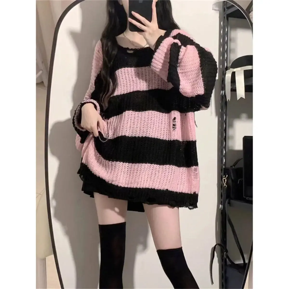 Knitted & Striped Oversized Pullover With Holes