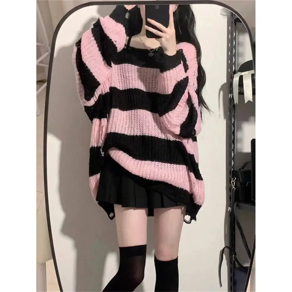 Knitted & Striped Oversized Pullover With Holes