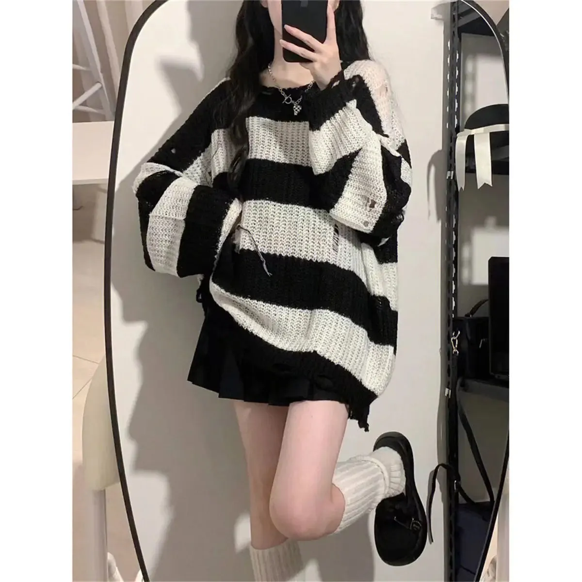 Knitted & Striped Oversized Pullover With Holes