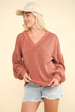 Lainey Two Tone Otto Ribbed V-Neck Oversized Knit Top