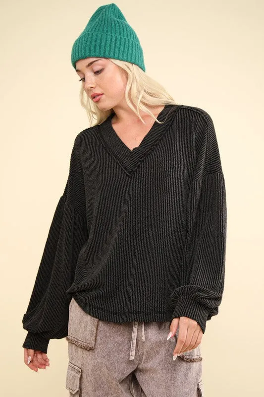 Lainey Two Tone Otto Ribbed V-Neck Oversized Knit Top