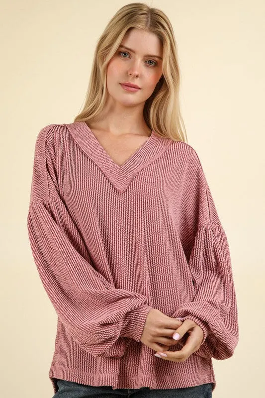 Lainey Two Tone Otto Ribbed V-Neck Oversized Knit Top