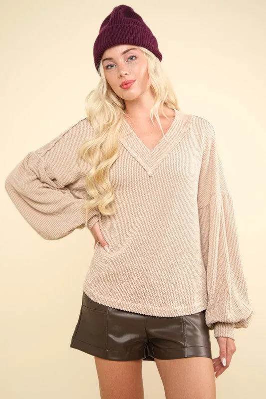 Lainey Two Tone Otto Ribbed V-Neck Oversized Knit Top