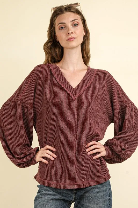 Lainey Two Tone Otto Ribbed V-Neck Oversized Knit Top