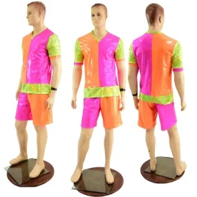 Mens Basketball Shorts and Shirt Set in Neon Holo Colorblocking