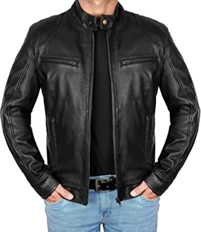 Mens Black Cafe Racer Brando Vintage Motorcycle Retro Biker Leather Jacket