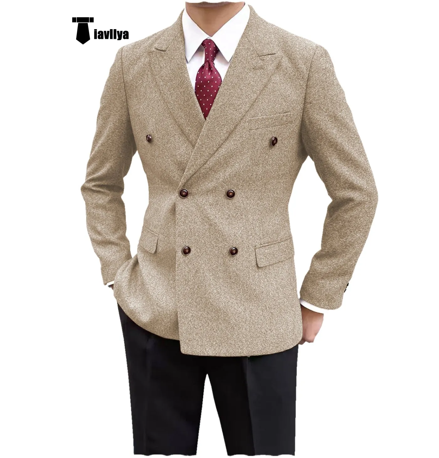 Men's Casual Tweed Double Breasted Notch Lapel Blazer