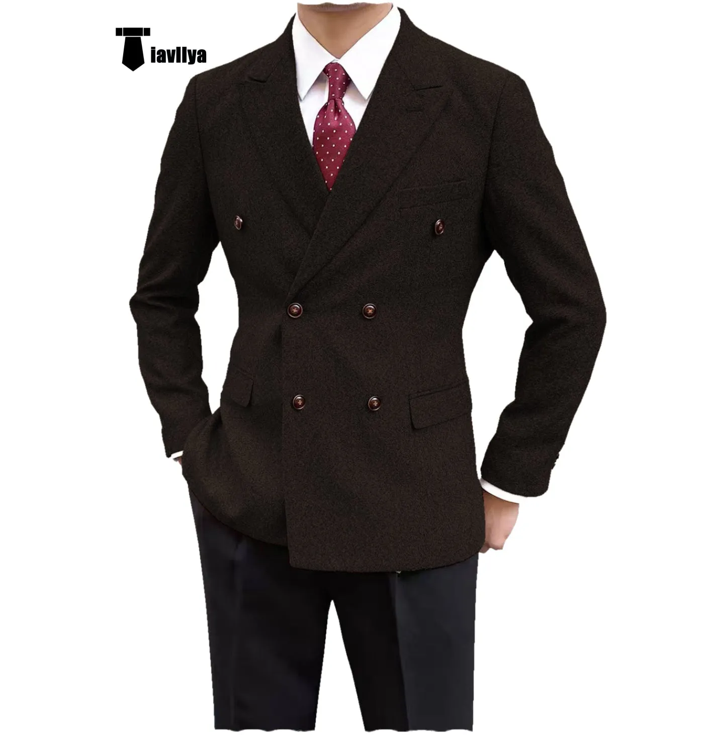 Men's Casual Tweed Double Breasted Notch Lapel Blazer