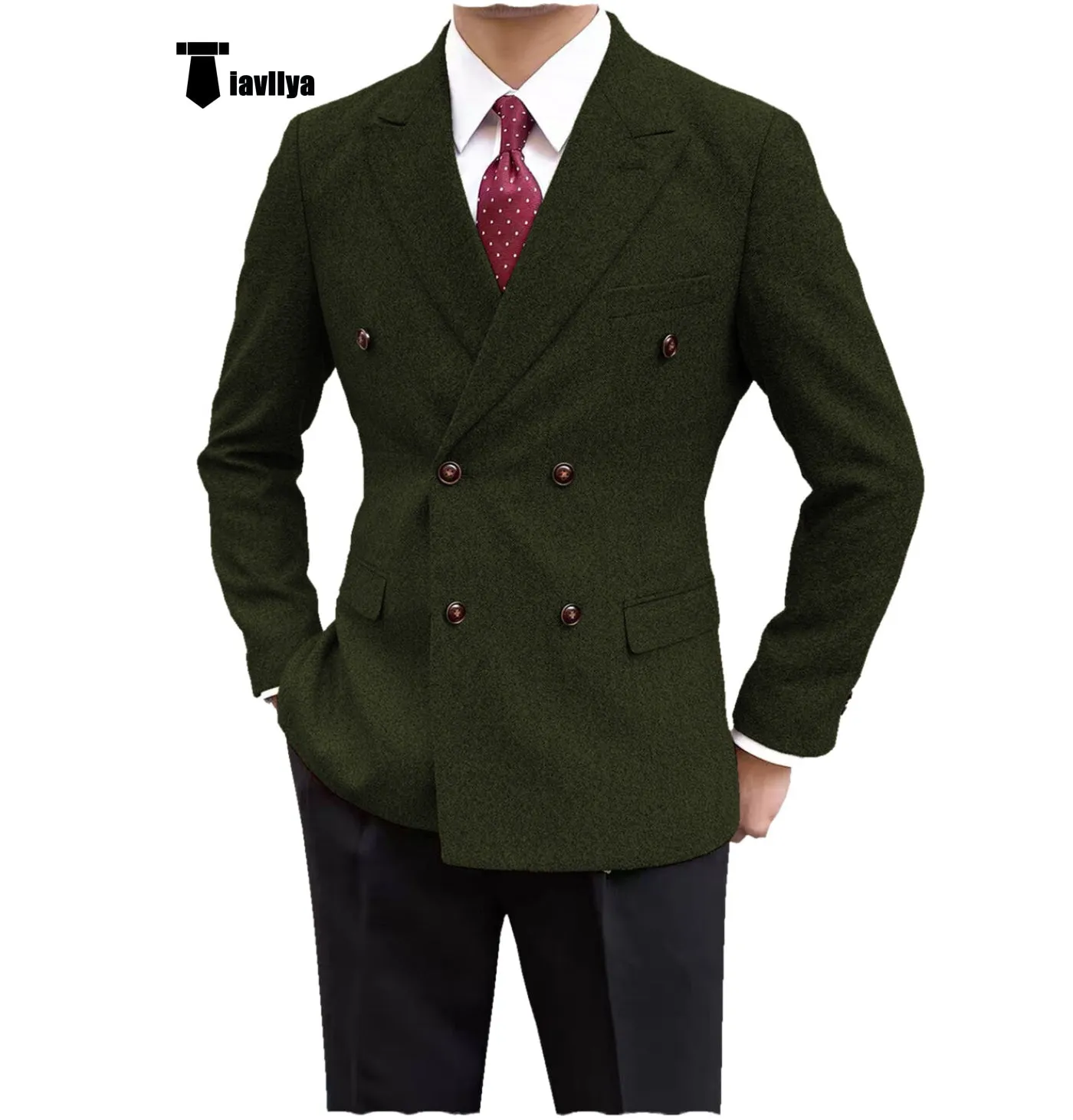 Men's Casual Tweed Double Breasted Notch Lapel Blazer