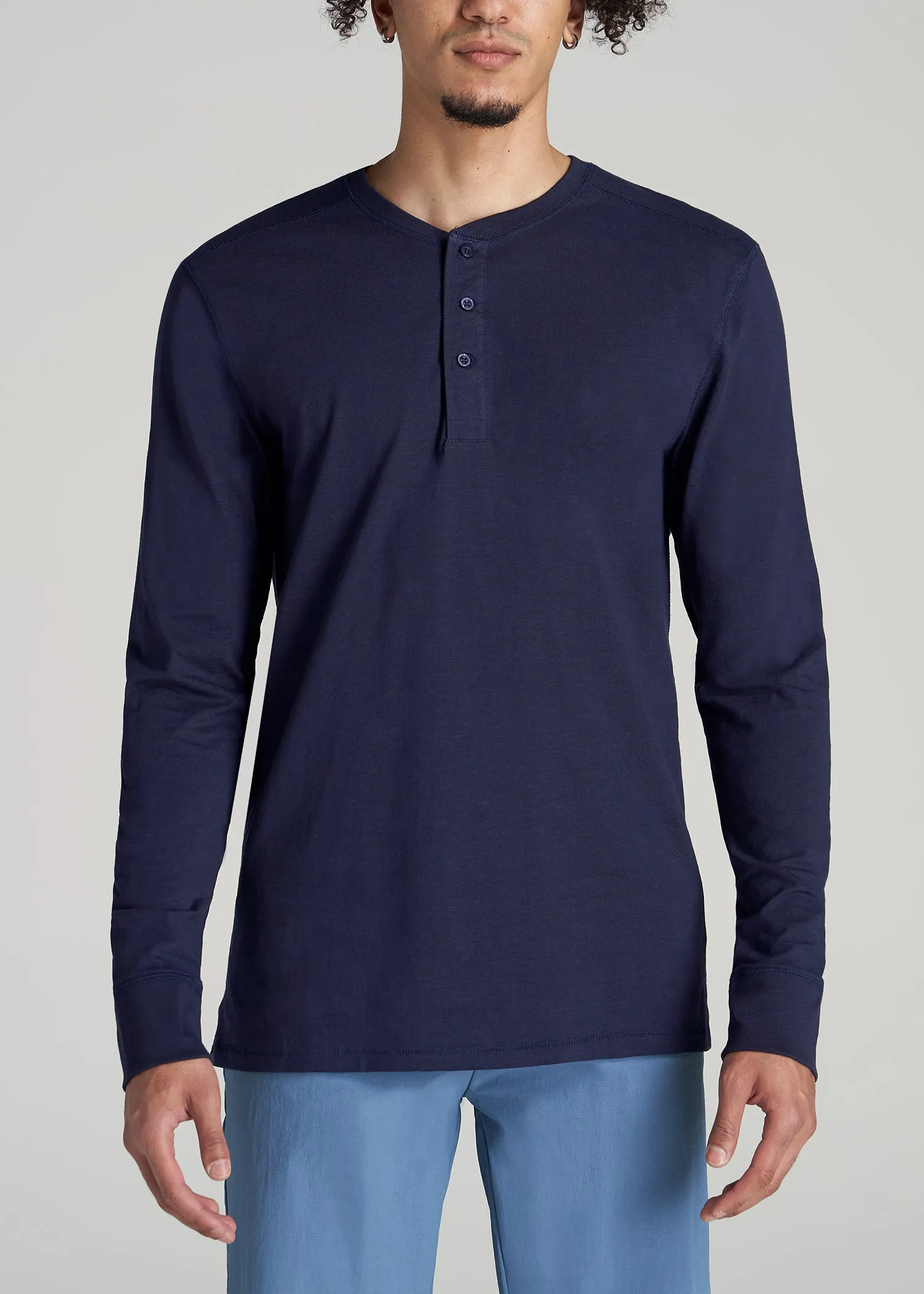 Men's Tall Three Button Long Sleeve Slub Henley in Navy