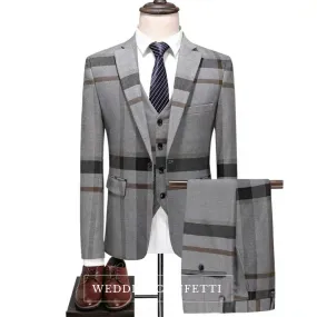 Orlando Men's Checkered Groom Grey Suit Jacket, Vest and Pants (3 Piece)