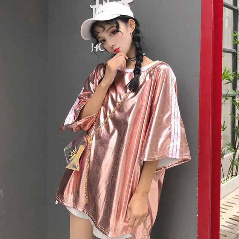 Oversized Holographic Metallic Sleeve Stripes T-Shirt