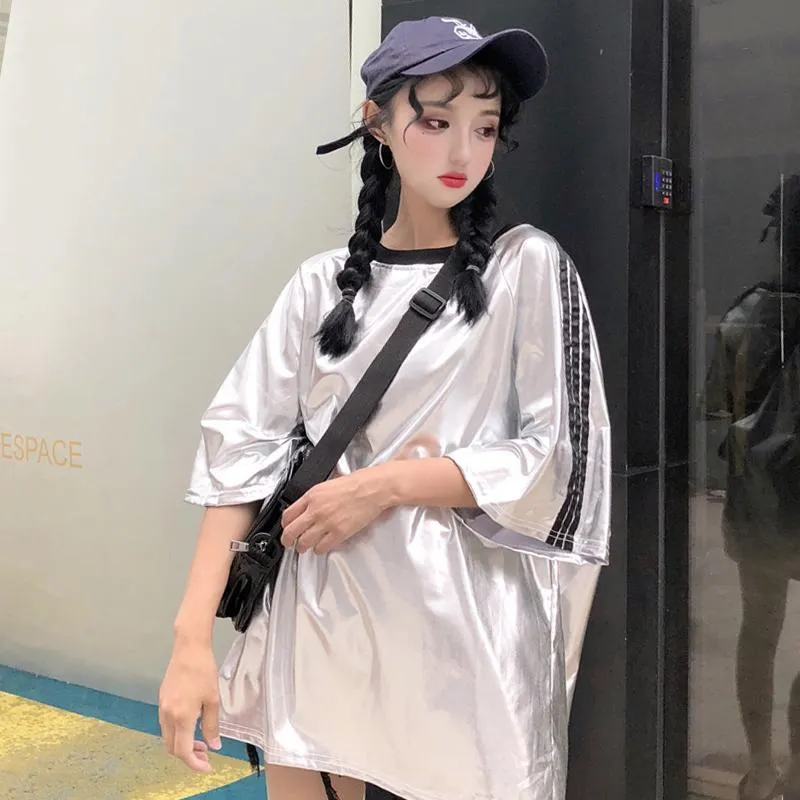 Oversized Holographic Metallic Sleeve Stripes T-Shirt