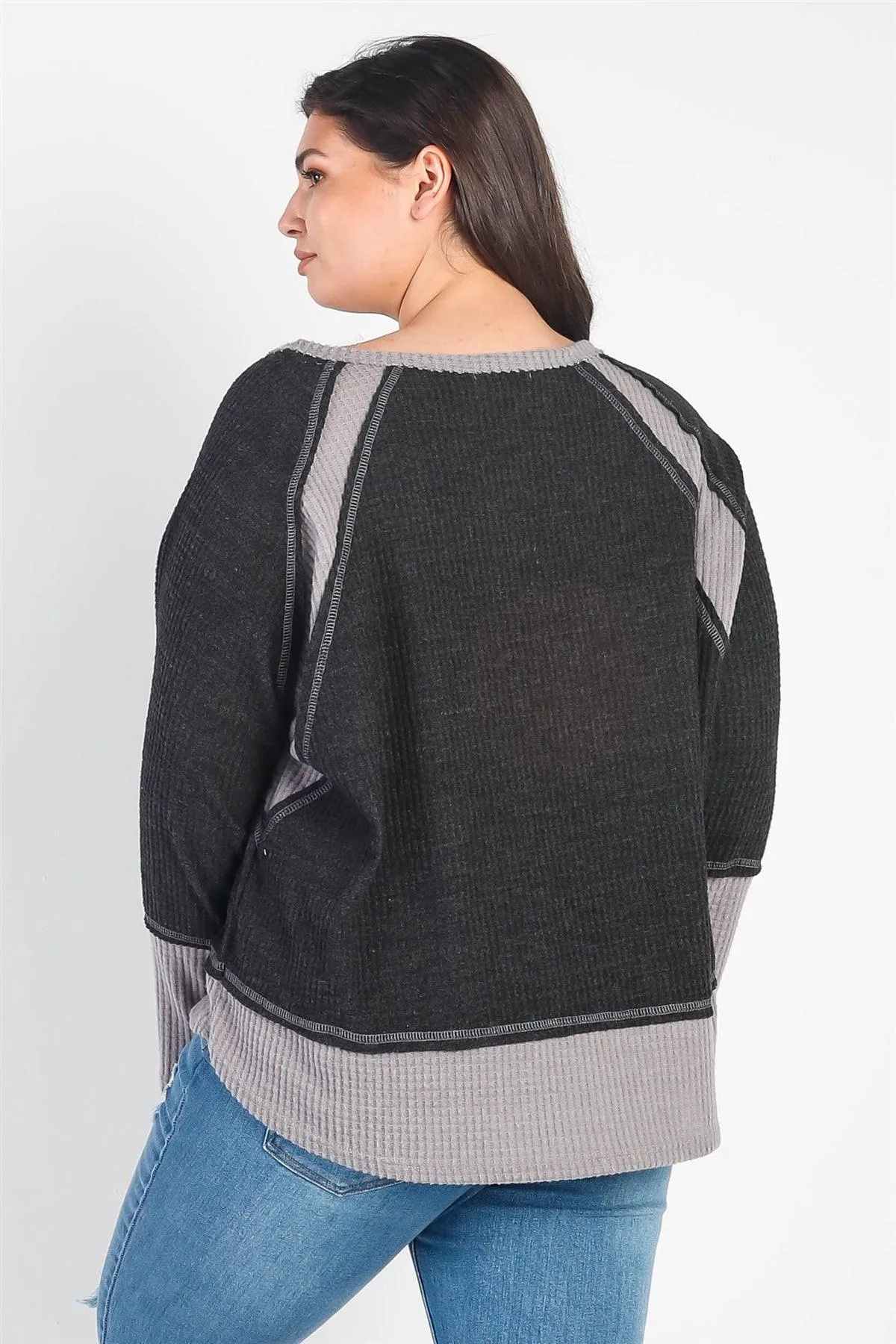 Plus Size Colorblock Waffle Knit Long Sleeve Top /3-2-1