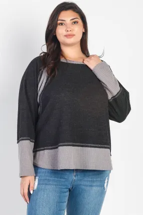 Plus Size Colorblock Waffle Knit Long Sleeve Top /3-2-1