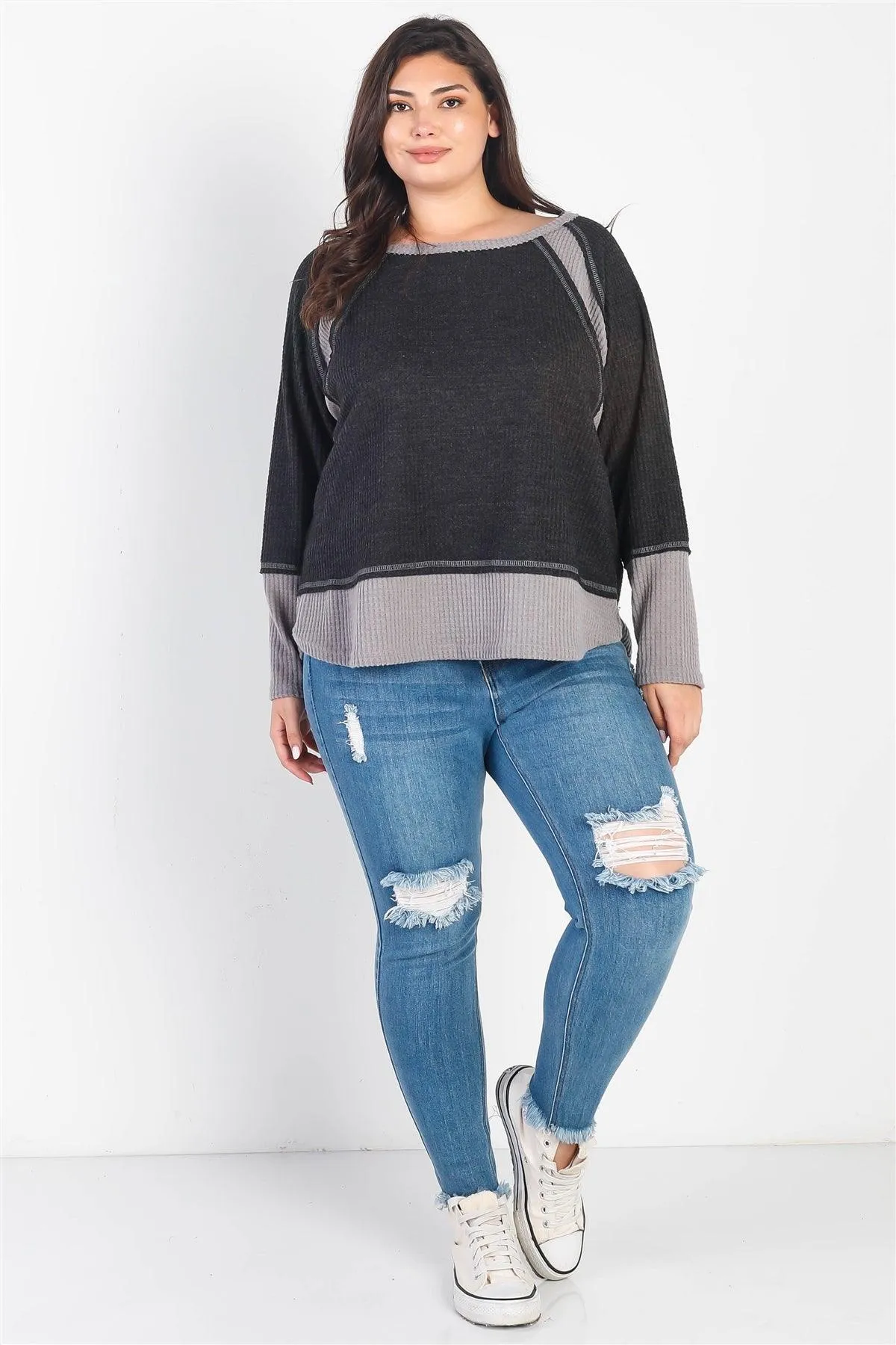 Plus Size Colorblock Waffle Knit Long Sleeve Top /3-2-1