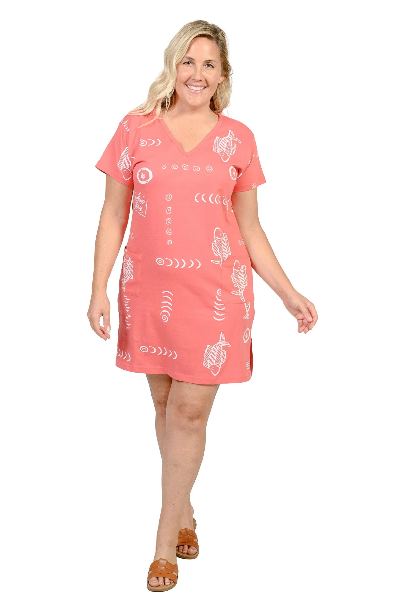 Printed V-neck 100% Cotton T-shirt short dress