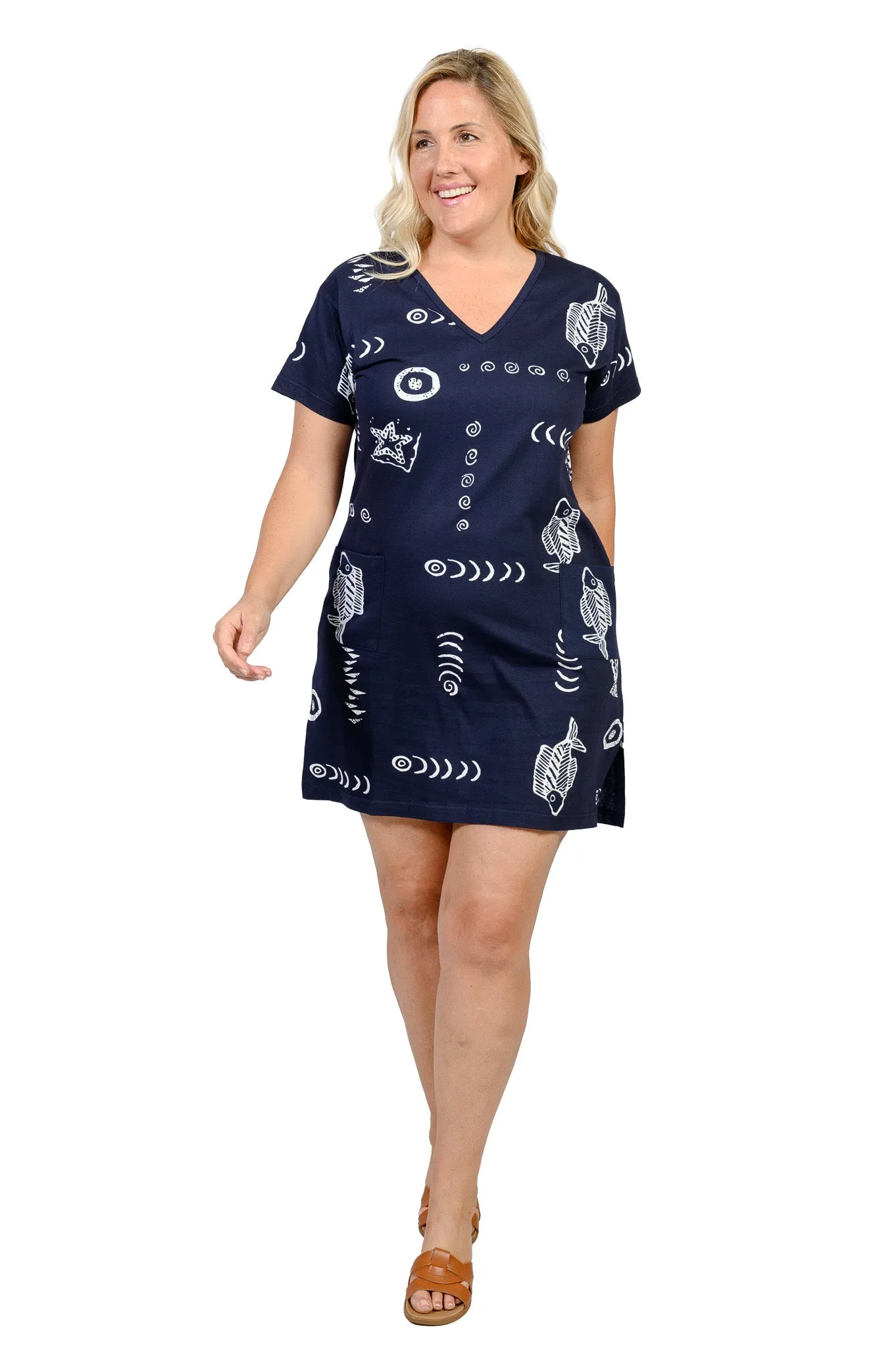 Printed V-neck 100% Cotton T-shirt short dress