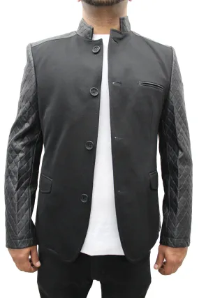 "Mahyar" Black Blazer With Leather Details On Shoulder And Sleeve