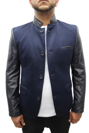 "Moein" Navy Blue Blazer With Leather Details On Sleeve And Collar