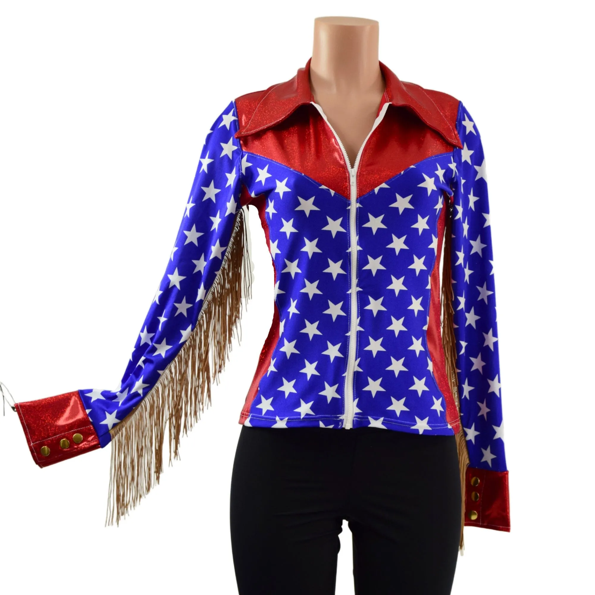 Red White and Blue Patriotic Rodeo Shirt with Fringe