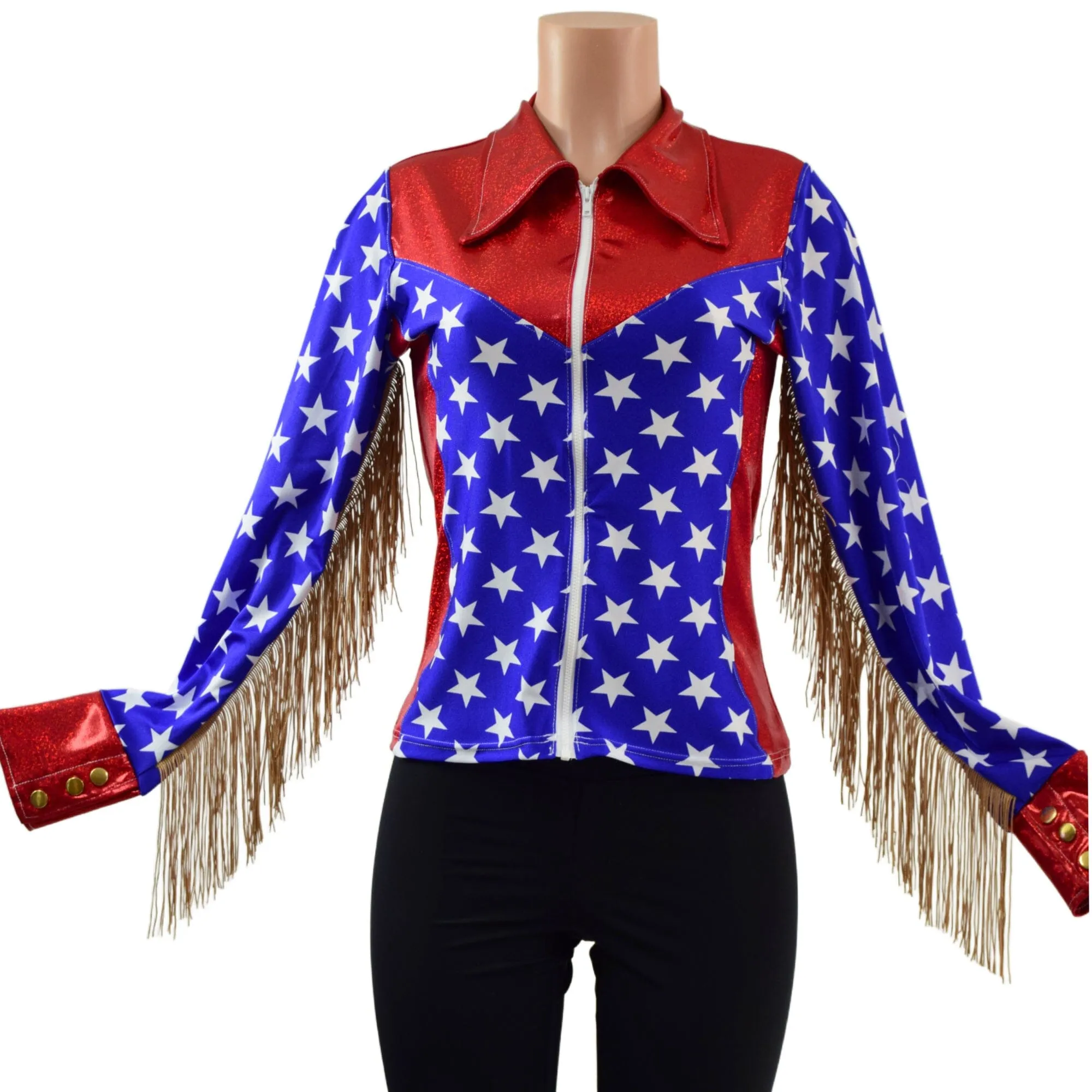 Red White and Blue Patriotic Rodeo Shirt with Fringe