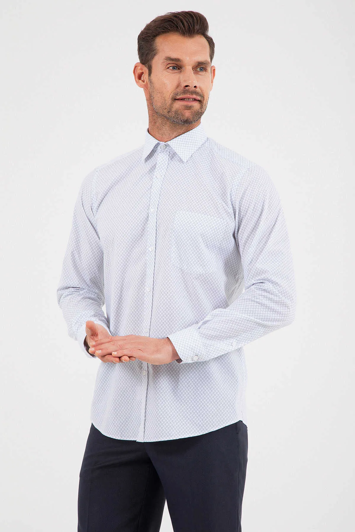 Regular Fit Long Sleeve Printed Cotton Blend Dress Shirt, Black B.