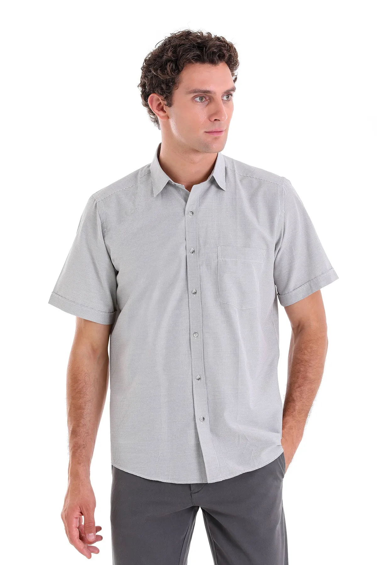 Regular Fit Pin Check Cotton Blend Brown Dress Shirt