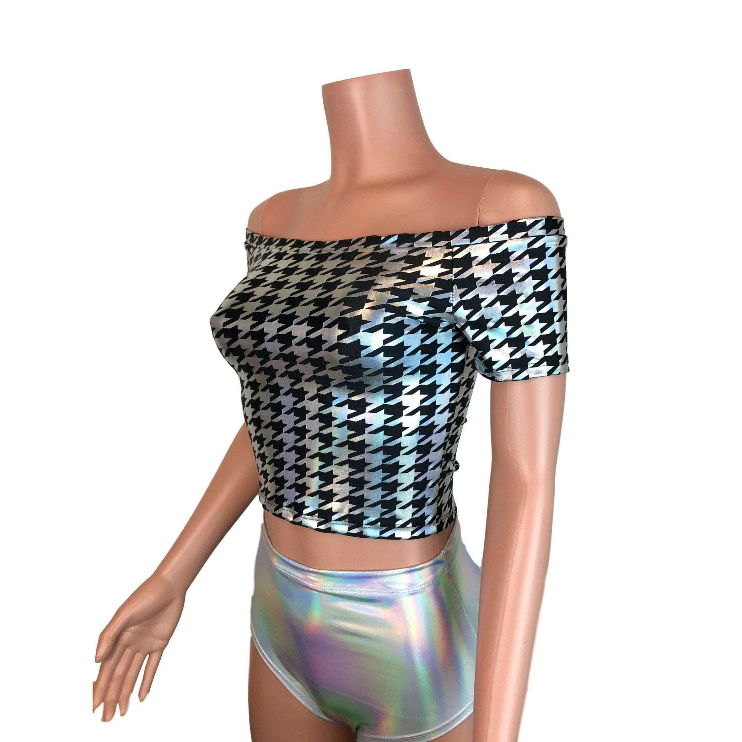 SALE - Cold Shoulder Top - Houndstooth Holographic