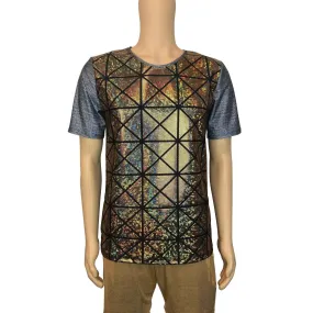 SALE - Men's Holographic Tee or T-shirt, Linen Print w/Gold Glass Pane Shattered Glass