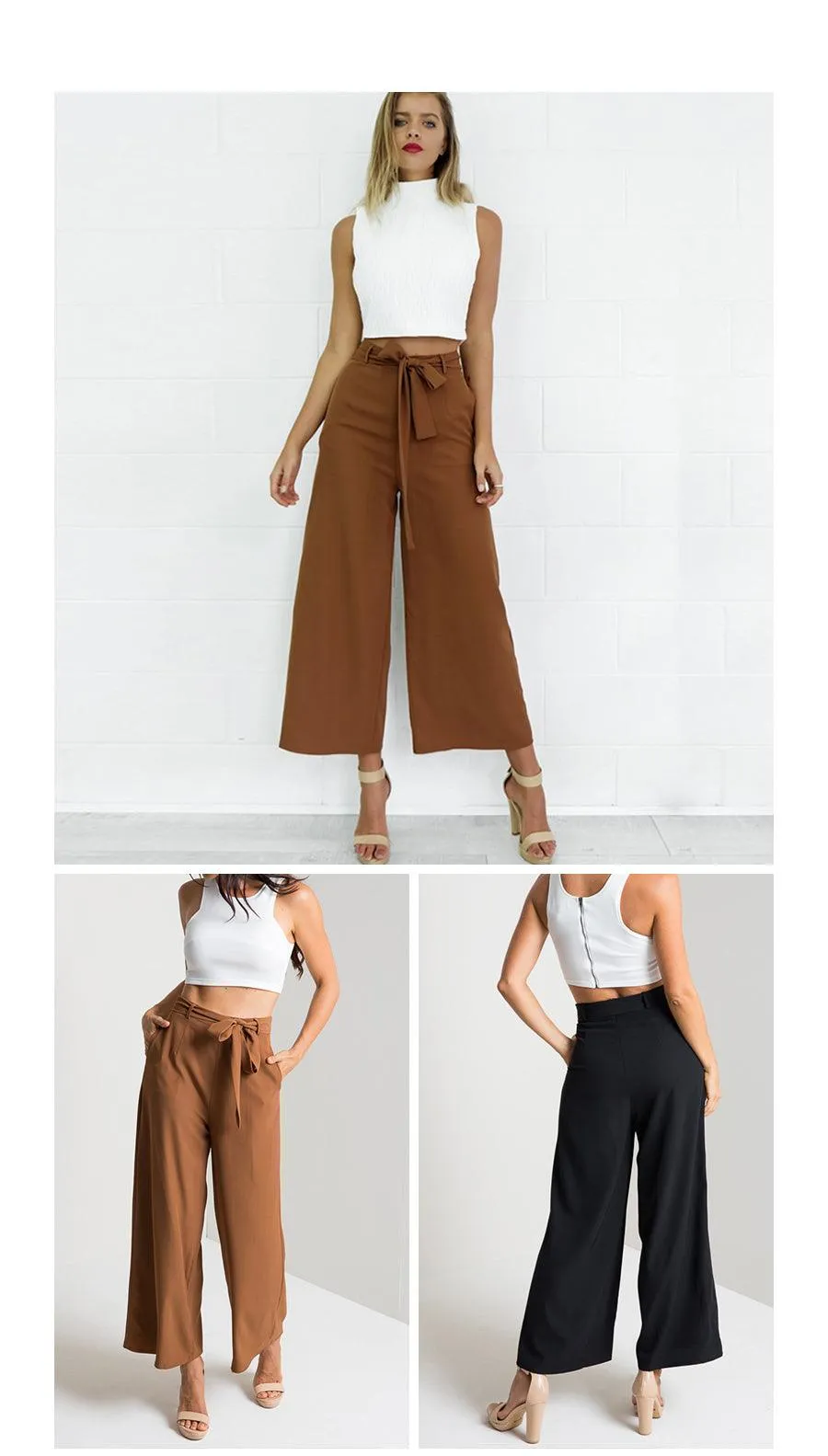 SASH BOW WIDE LEG ANKLE PANTS