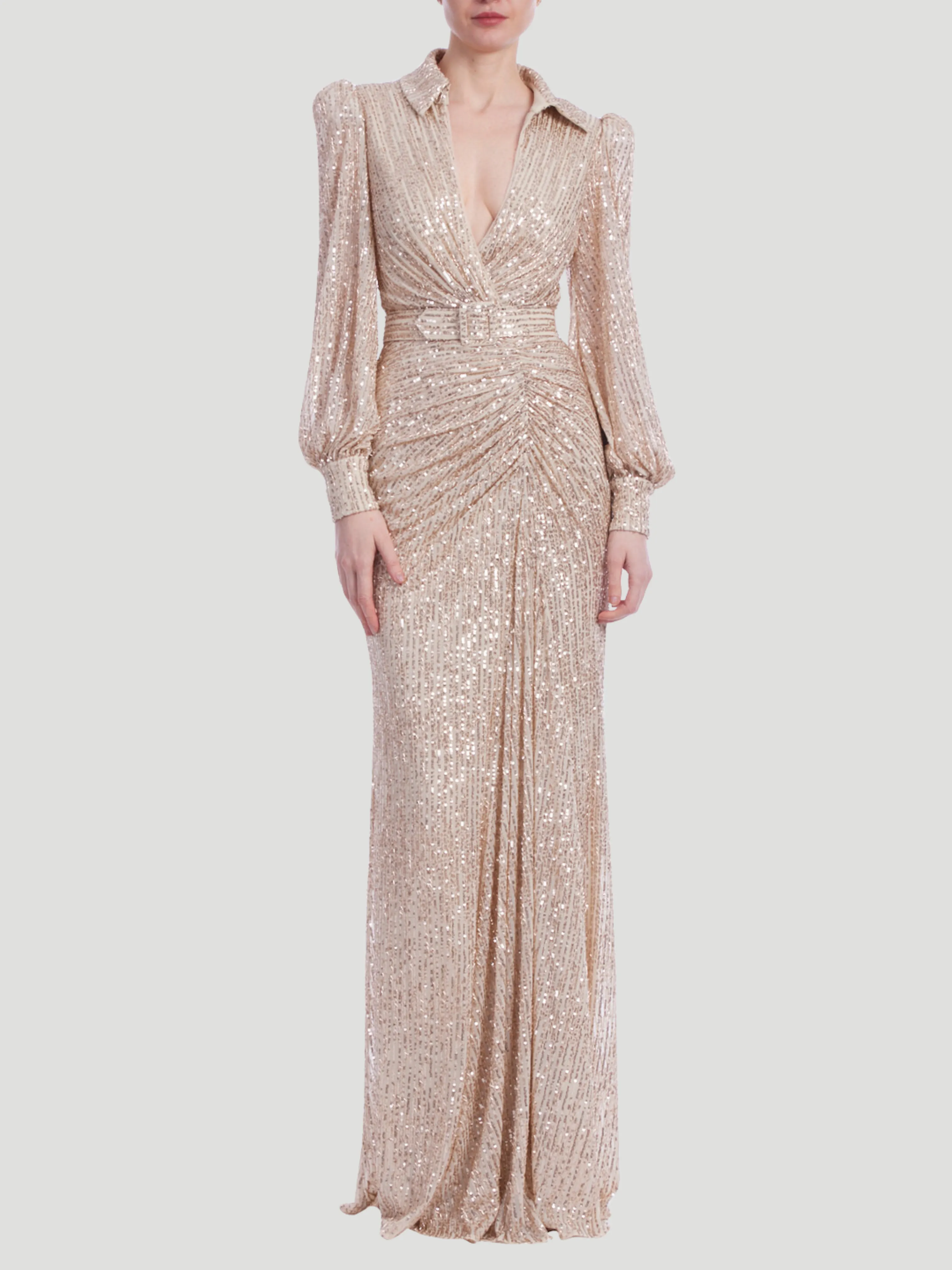 Sequin Long Sleeve V-Neck Shirt Gown