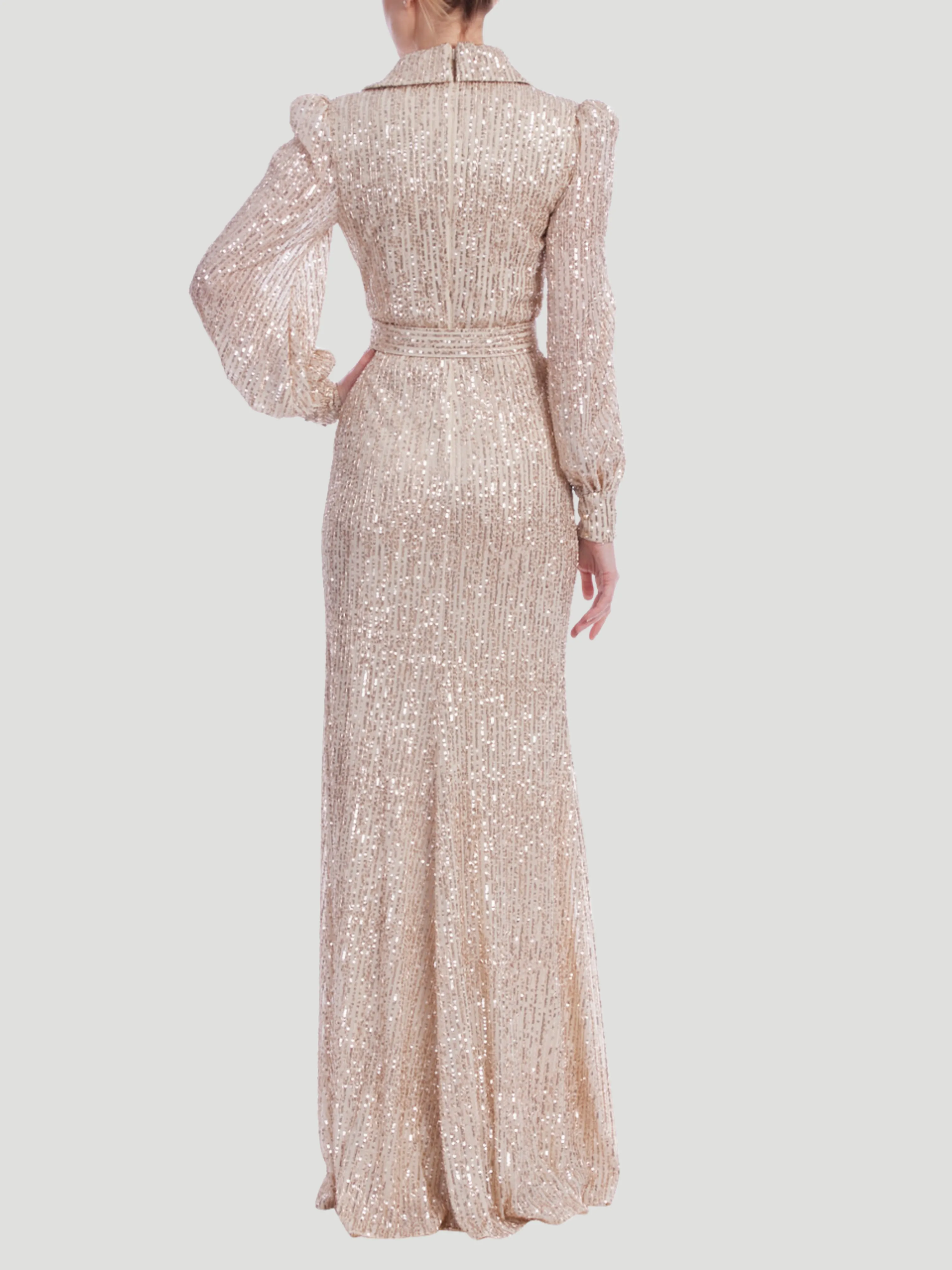 Sequin Long Sleeve V-Neck Shirt Gown