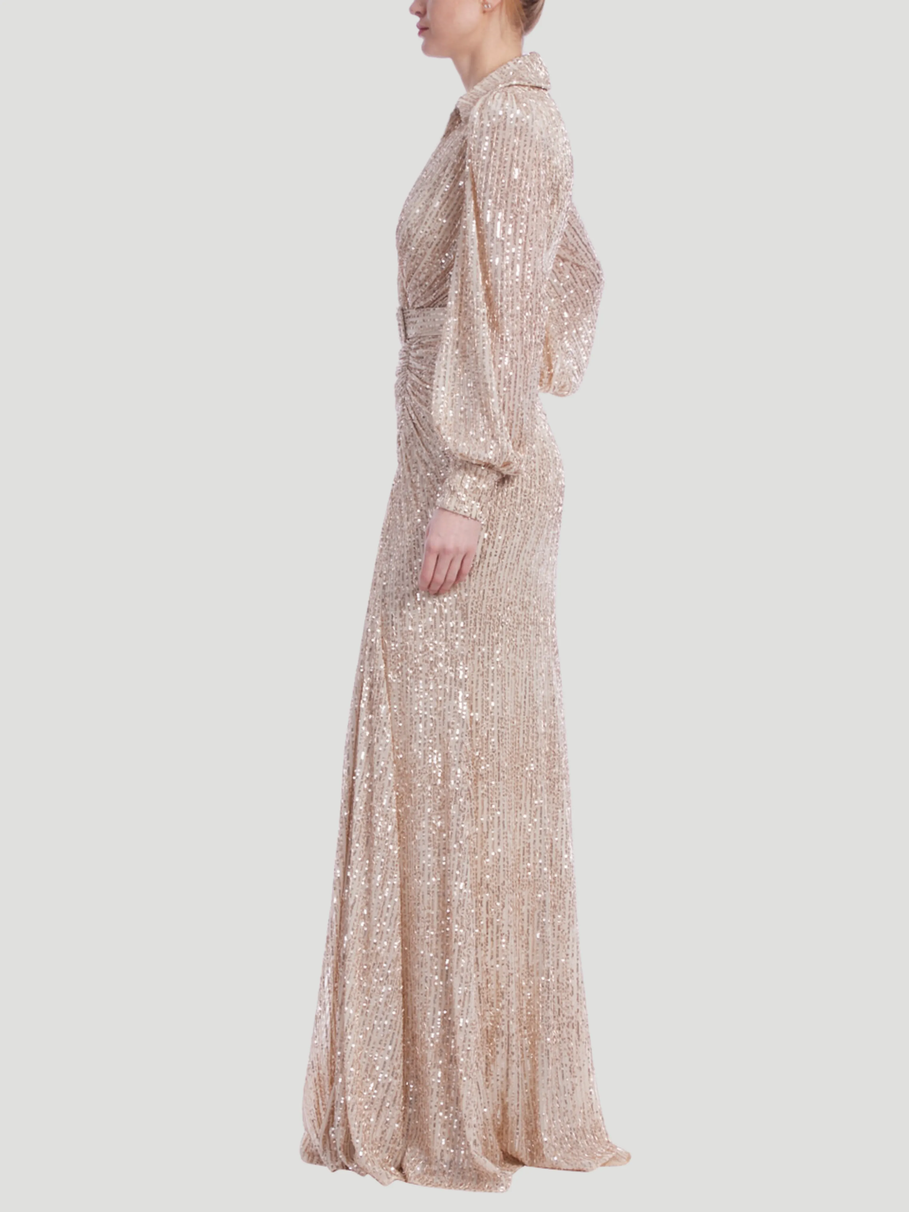 Sequin Long Sleeve V-Neck Shirt Gown