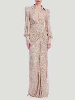 Sequin Long Sleeve V-Neck Shirt Gown