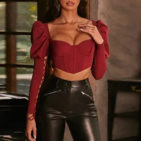 Sexy Hollow Solid Color Long Sleeve Puff Sleeve Crop Top